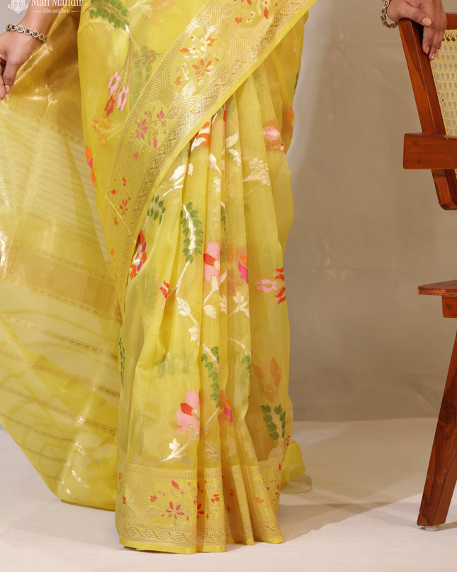 Yellow Banarasi Kora Silk Saree