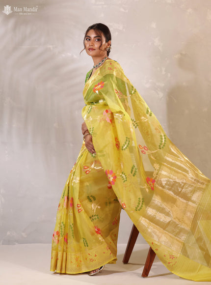 Yellow Banarasi Kora Silk Saree