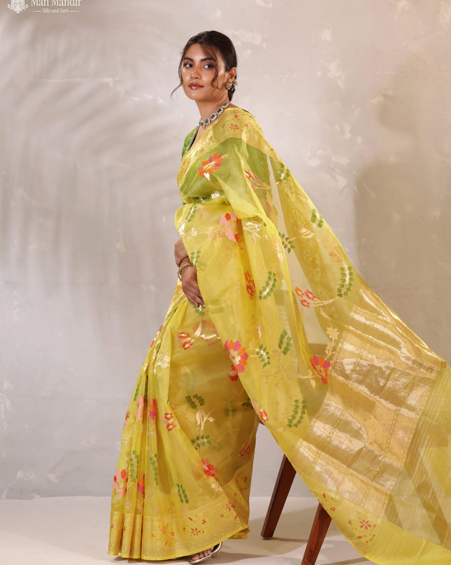Yellow Banarasi Kora Silk Saree