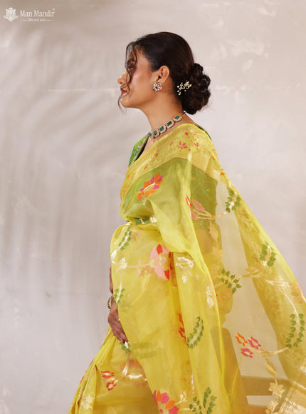 Yellow Banarasi Kora Silk Saree