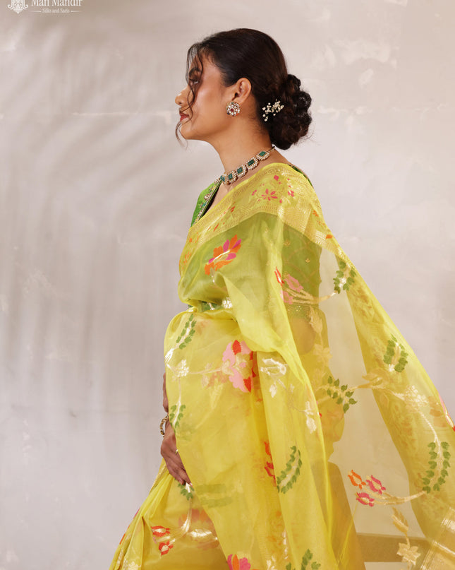 Yellow Banarasi Kora Silk Saree