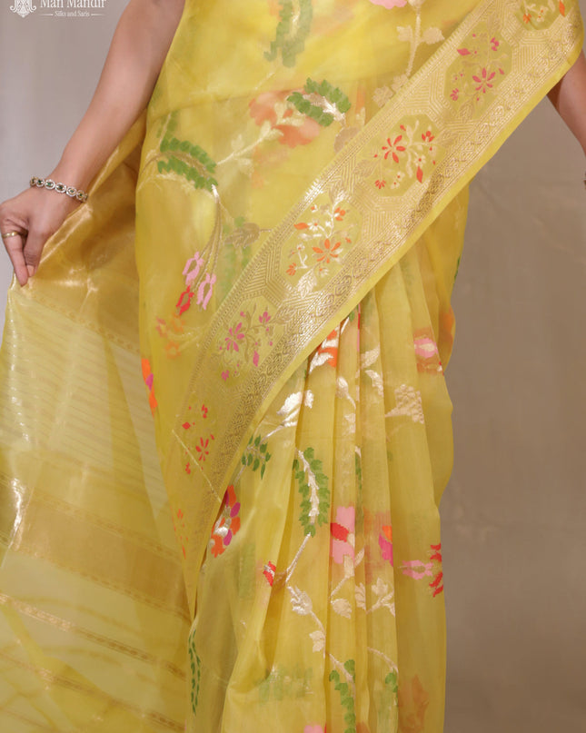 Yellow Banarasi Kora Silk Saree