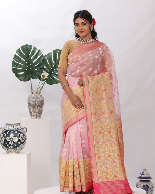 Light Pink - Pink Banarasi Kora Silk Saree