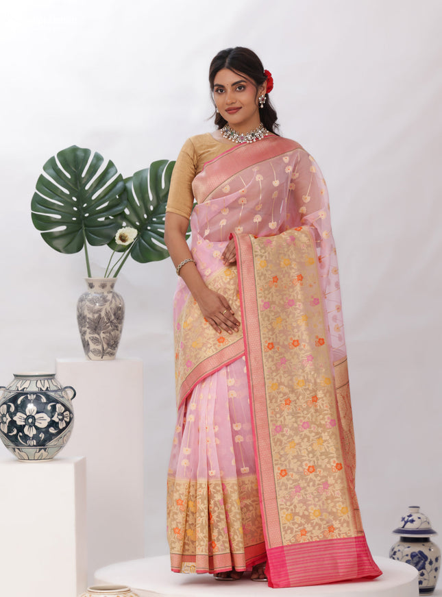 Light Pink - Pink Banarasi Kora Silk Saree