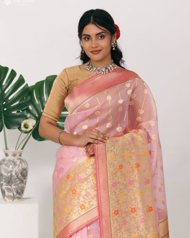 Light Pink - Pink Banarasi Kora Silk Saree