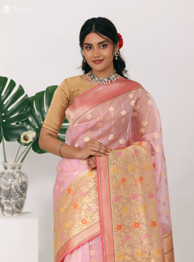Light Pink - Pink Banarasi Kora Silk Saree