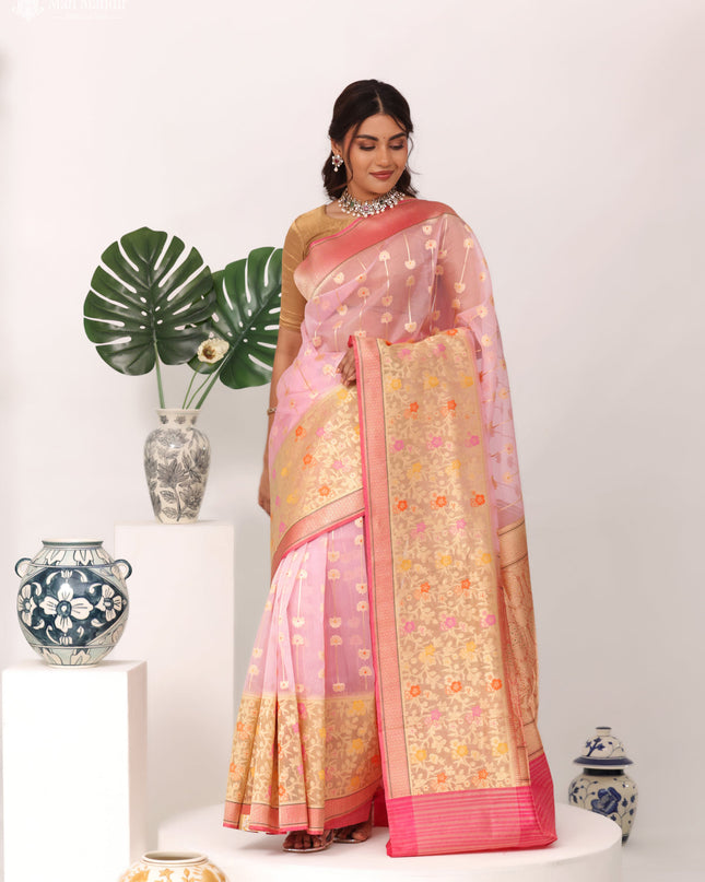 Light Pink - Pink Banarasi Kora Silk Saree