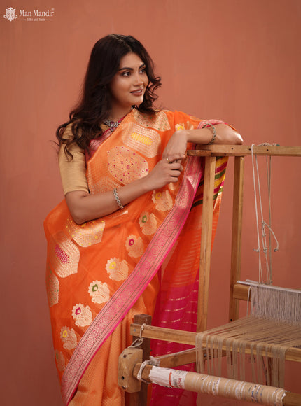 Orange - Pink Banarasi Kora Silk Saree