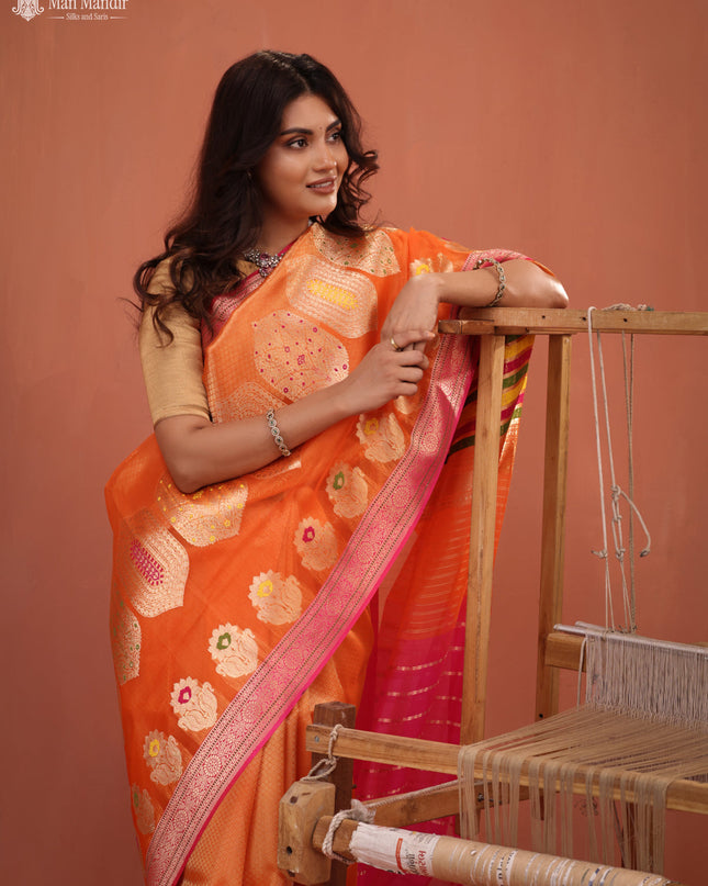 Orange - Pink Banarasi Kora Silk Saree