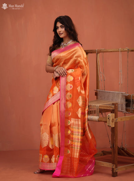 Orange - Pink Banarasi Kora Silk Saree