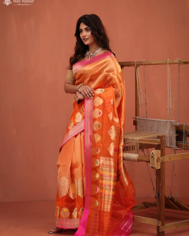 Orange - Pink Banarasi Kora Silk Saree