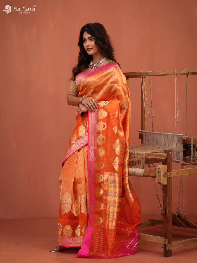Orange - Pink Banarasi Kora Silk Saree