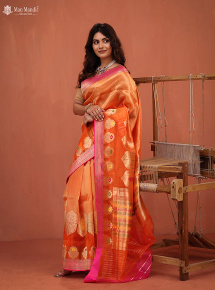 Orange - Pink Banarasi Kora Silk Saree