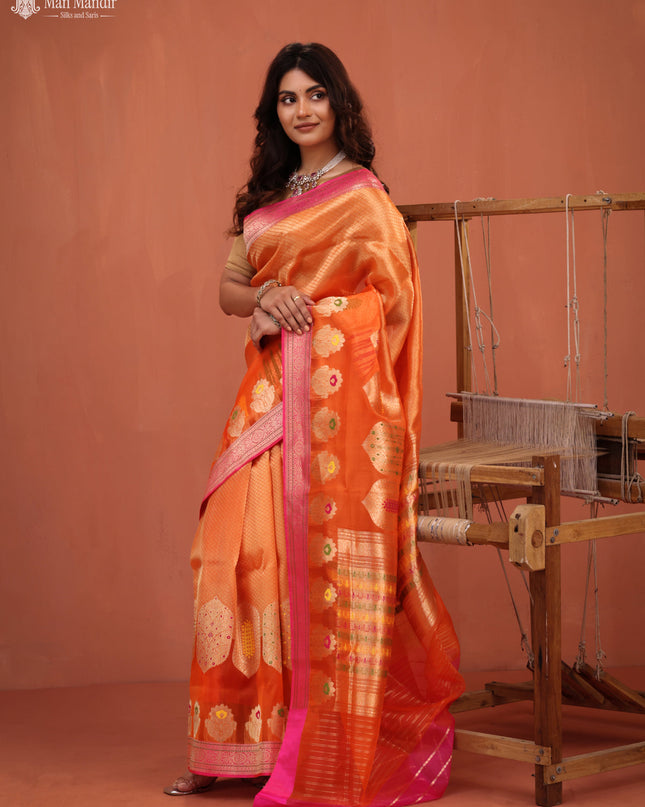 Orange - Pink Banarasi Kora Silk Saree