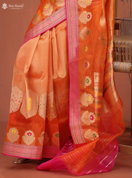 Orange - Pink Banarasi Kora Silk Saree