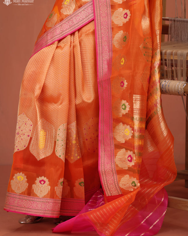 Orange - Pink Banarasi Kora Silk Saree