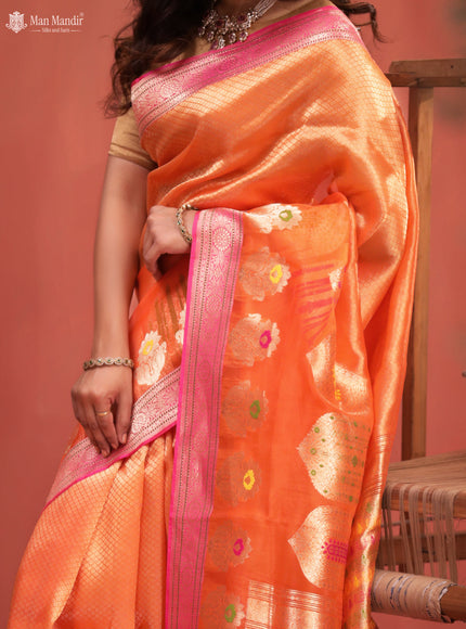 Orange - Pink Banarasi Kora Silk Saree