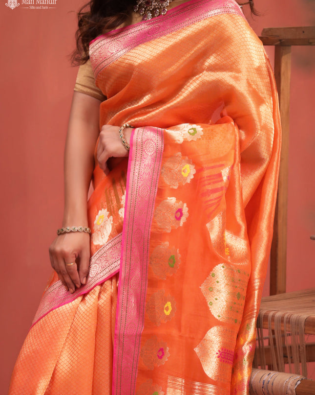 Orange - Pink Banarasi Kora Silk Saree
