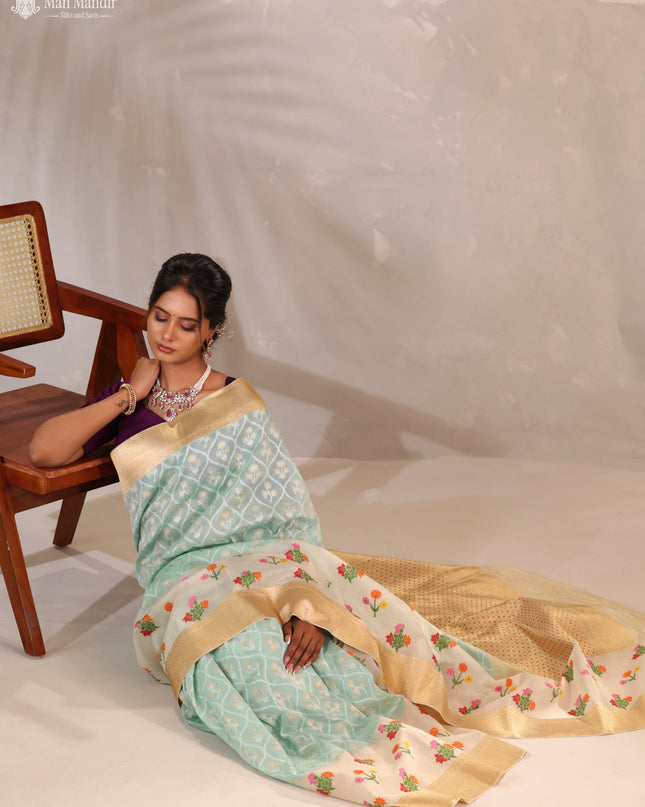 Teal Blue - Cream Banarasi Kadwa Silk Saree