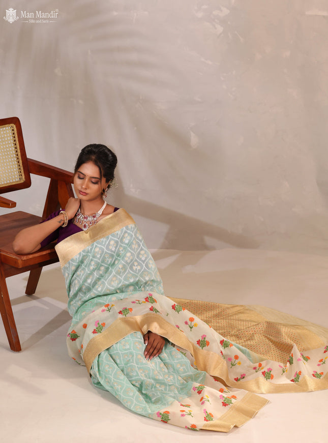 Teal Blue - Cream Banarasi Kadwa Silk Saree