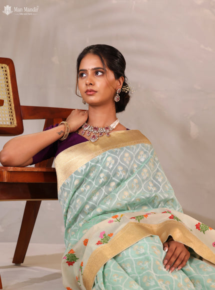 Teal Blue - Cream Banarasi Kadwa Silk Saree