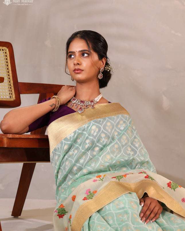 Teal Blue - Cream Banarasi Kadwa Silk Saree
