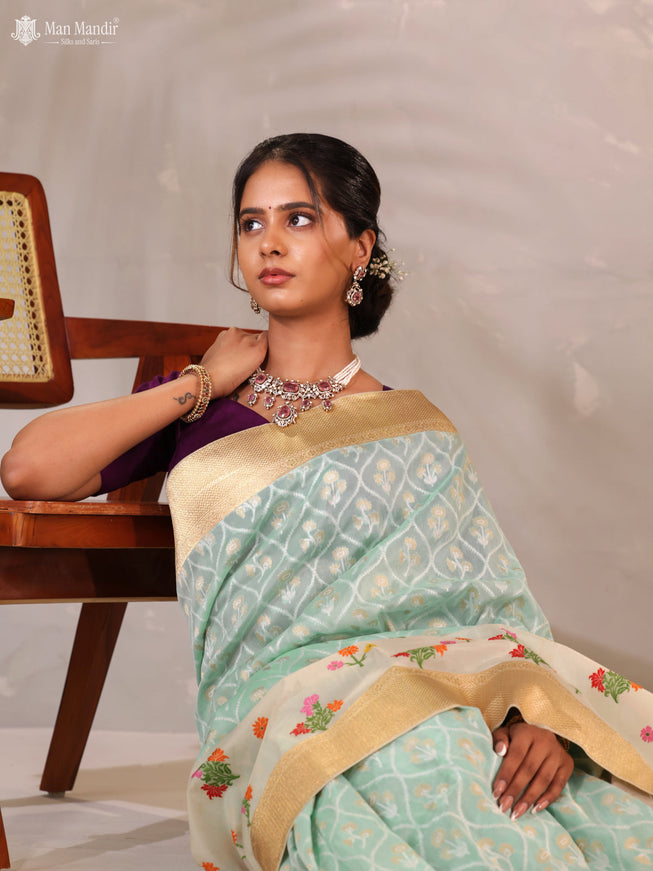 Teal Blue - Cream Banarasi Kadwa Silk Saree