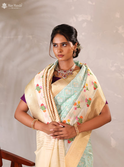 Teal Blue - Cream Banarasi Kadwa Silk Saree