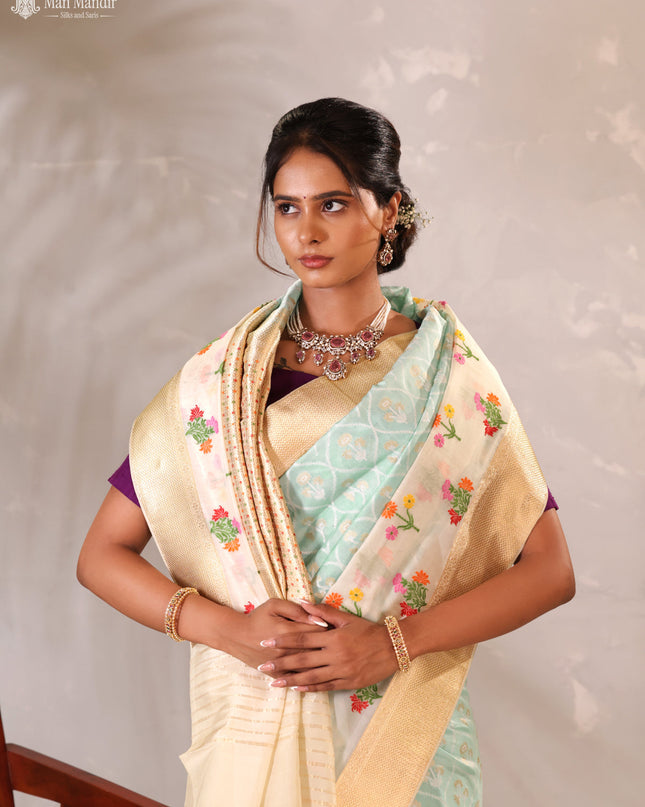 Teal Blue - Cream Banarasi Kadwa Silk Saree