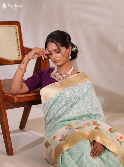 Teal Blue - Cream Banarasi Kadwa Silk Saree