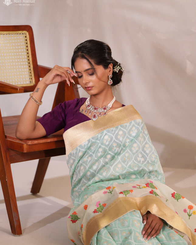 Teal Blue - Cream Banarasi Kadwa Silk Saree