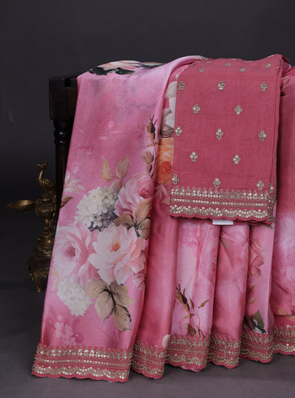 Peach -Dark Peach Satin Crepe Saree