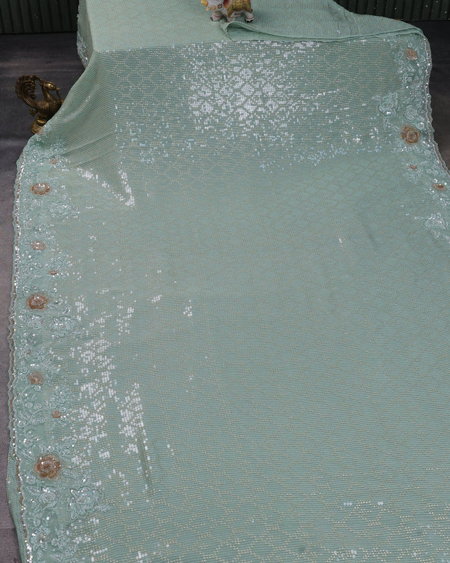 Teal Georgette Sequins Saree