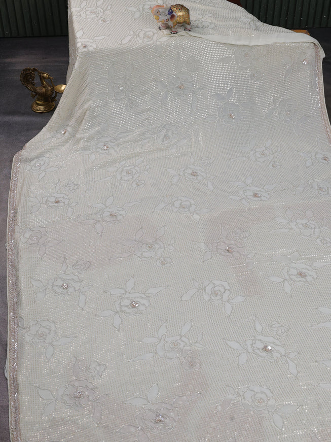 Off White Georgette Sequins Saree