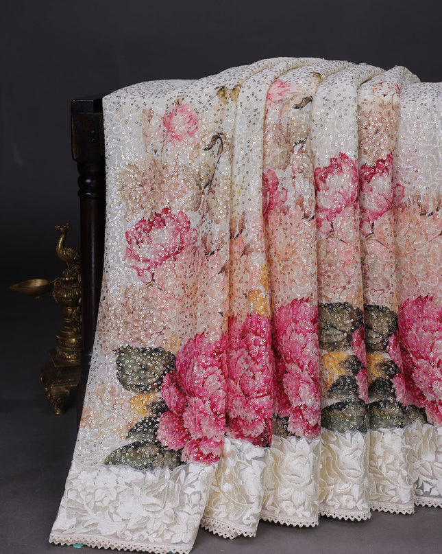 Off White Georgette Sequins Saree