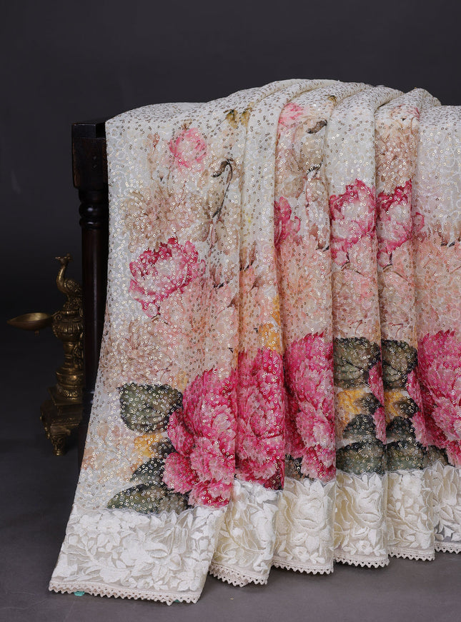 Off White Georgette Sequins Saree