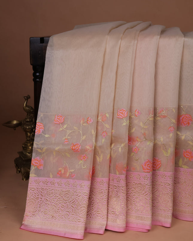 Beige-Peach Banarasi Kora Saree
