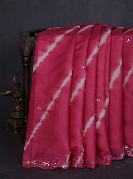 Pink - Off White Tussar Leheriya Pattern Embroidery Saree