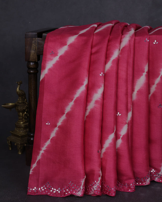 Pink - Off White Tussar Leheriya Pattern Embroidery Saree