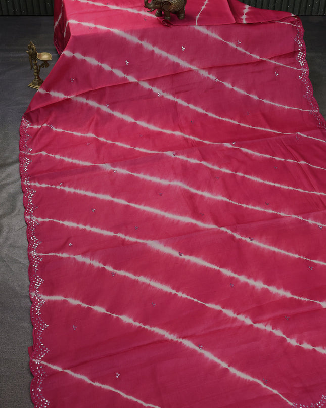 Pink - Off White Tussar Leheriya Pattern Embroidery Saree