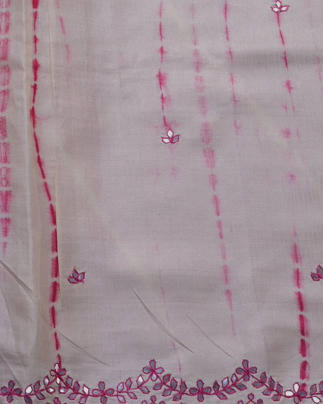 Pink - Off White Tussar Leheriya Pattern Embroidery Saree