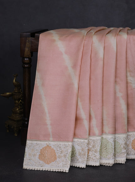 Peach - Off White Tussar Leheriya Pattern Embroidery Saree