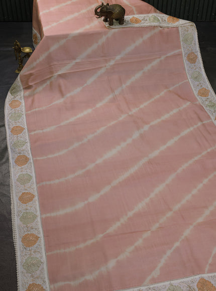 Peach - Off White Tussar Leheriya Pattern Embroidery Saree