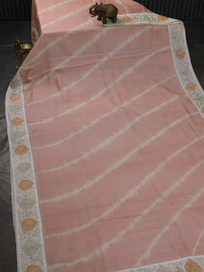 Peach - Off White Tussar Leheriya Pattern Embroidery Saree