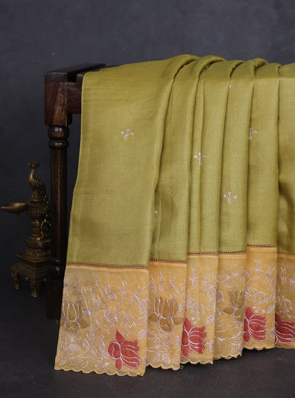 Mehendi Green - Yellow Tussar Embroidery Saree