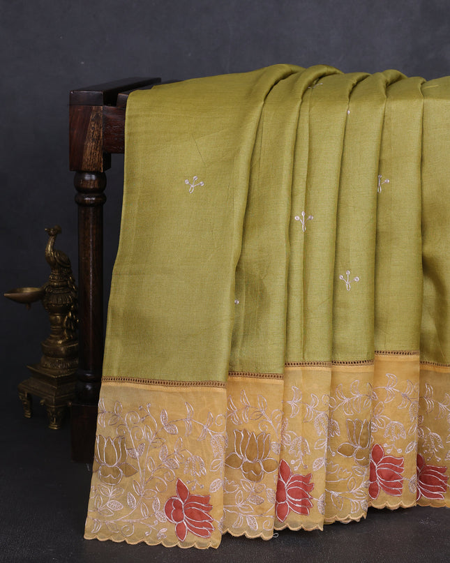 Mehendi Green - Yellow Tussar Embroidery Saree