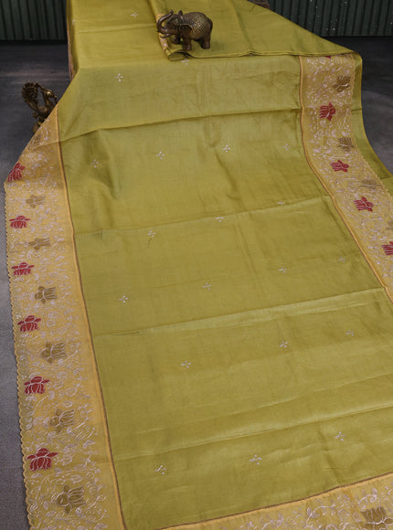 Mehendi Green - Yellow Tussar Embroidery Saree