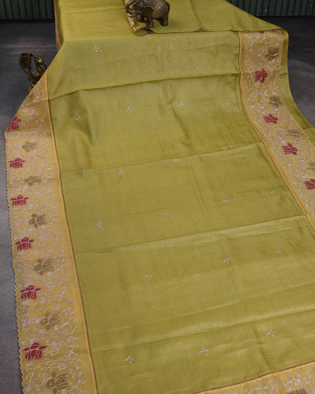 Mehendi Green - Yellow Tussar Embroidery Saree