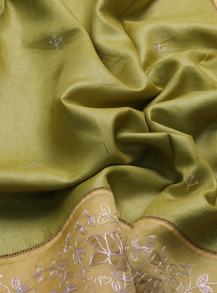 Mehendi Green - Yellow Tussar Embroidery Saree