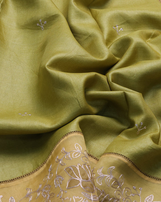 Mehendi Green - Yellow Tussar Embroidery Saree